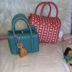 Stylish Woven small Handbag Set - Blue and Pink